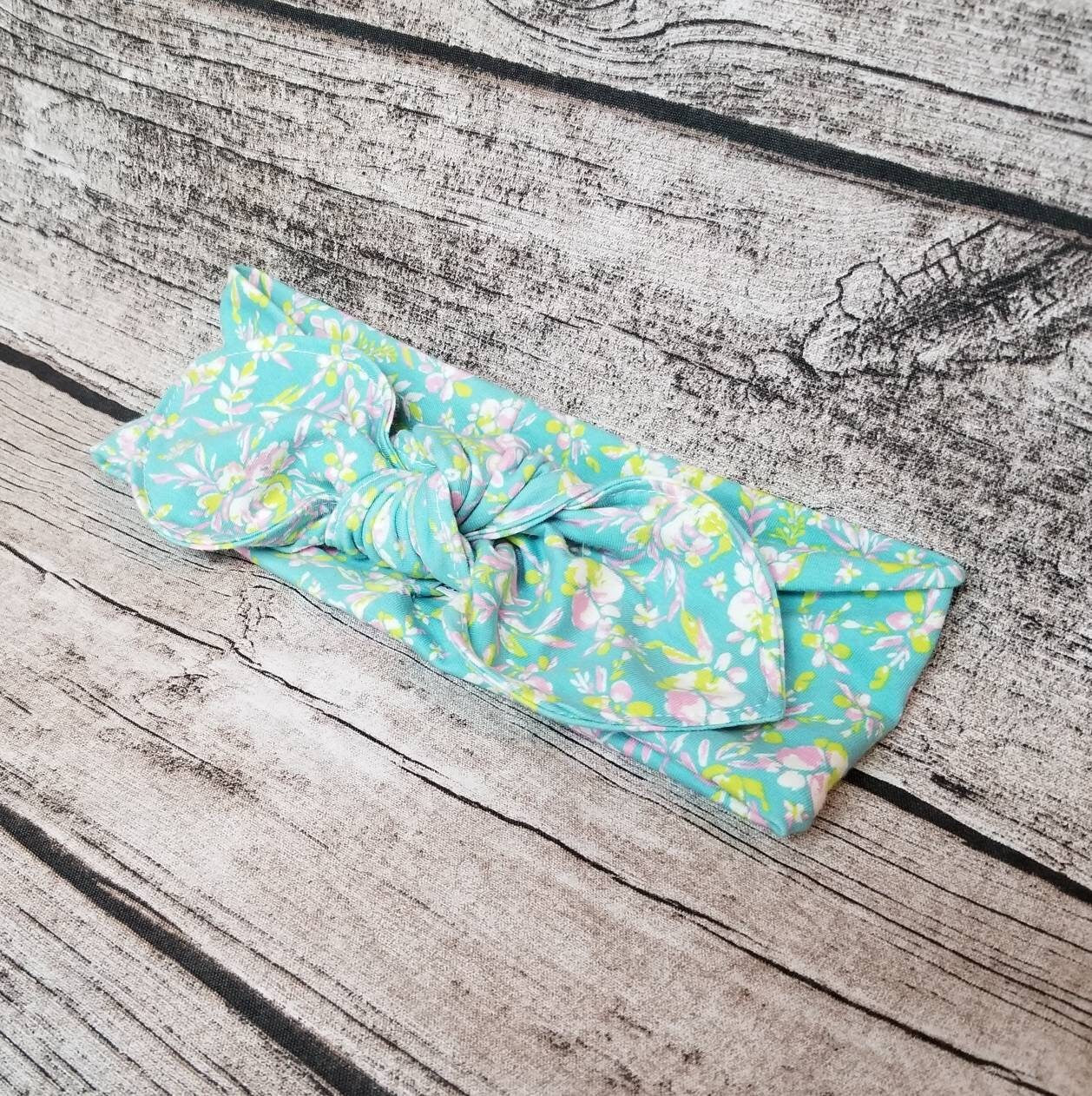 Bandeau transformable, modèle turquoise à petite fleurs, rose, lilas, jaune, bandeau à noeud, 4 façons, serre-tête, accessoire à cheveux