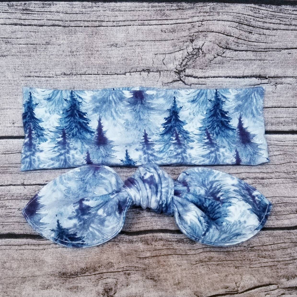 Bandeau transformable, modèle SAPIN, accessoire à cheveux, bandeau à noeud, noeud amovible, extensible, coton/lycra, ton de bleu, fond blanc