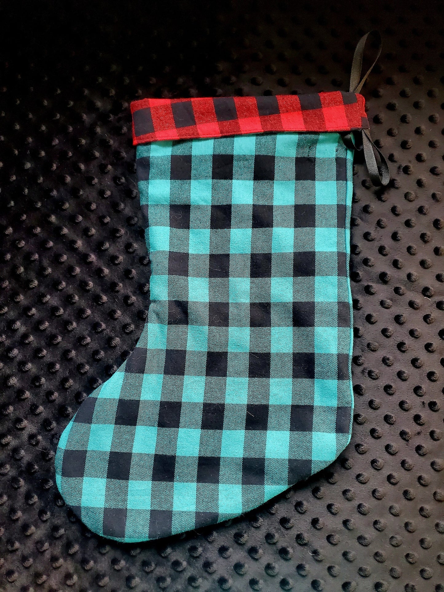 Bas de Noël réversible à carreaux, côté rouge ou côte turquoise, fausse fourrure amovible, lavable, doux, décoration de Noël, fait main