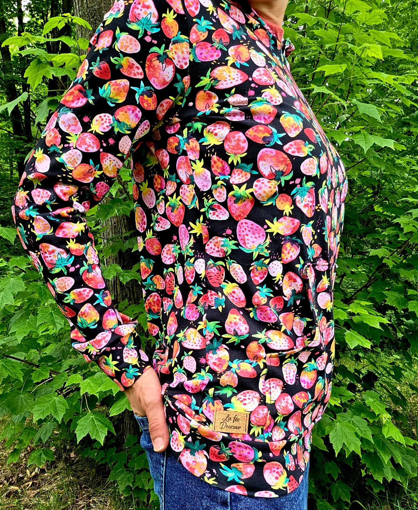 Hoodie FRAISES, chandail à capuchon et pochette en coton et lycra