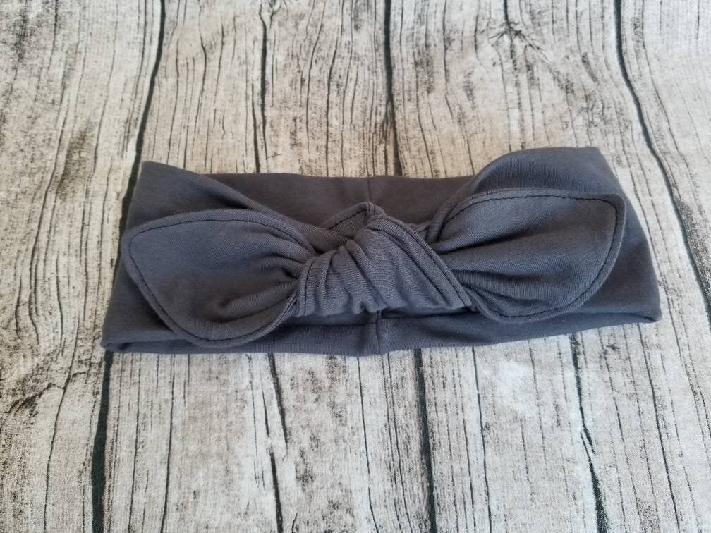 Bandeau à noeud, modèle gris foncé uni, serre-tête, transformable, bandeau 4 façons, extensible, coton/lycra, accessoire à cheveux.