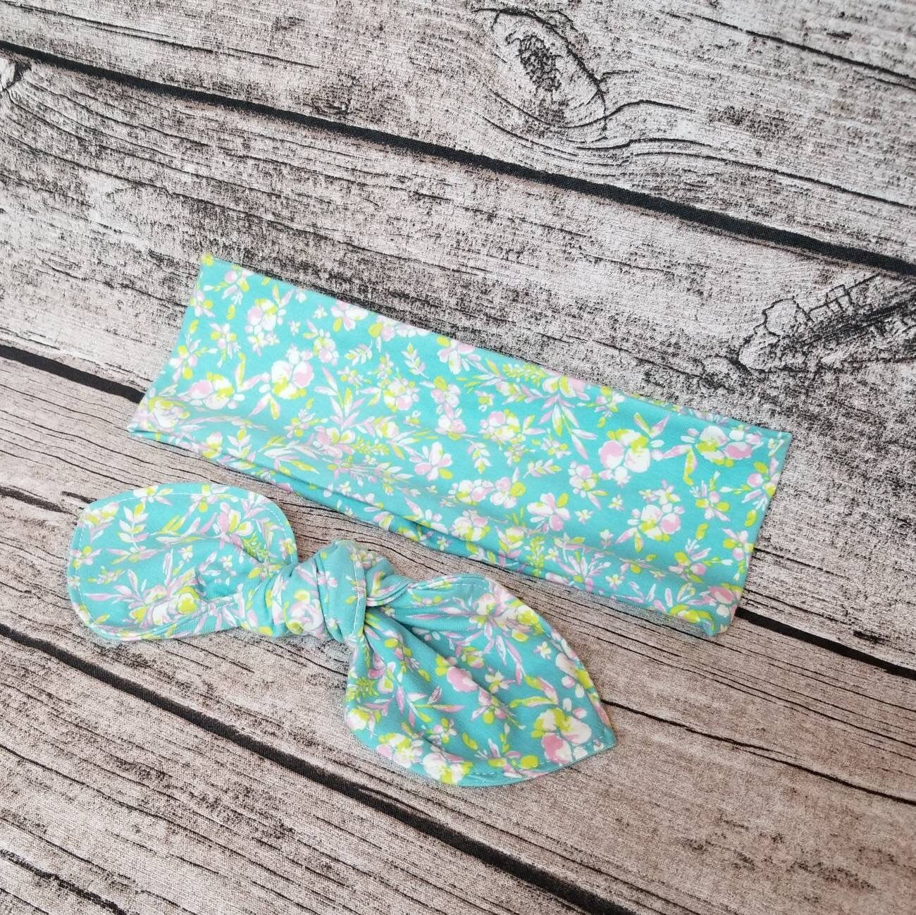 Bandeau transformable, modèle turquoise à petite fleurs, rose, lilas, jaune, bandeau à noeud, 4 façons, serre-tête, accessoire à cheveux