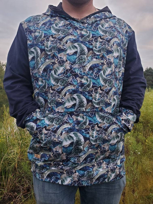LIQUIDATION Sweat PÊCHEUR, chandail à manche longue et à capuchon pour homme, hoodie modèle poissons brochets, hameçons, confortable, ample, coton lycra