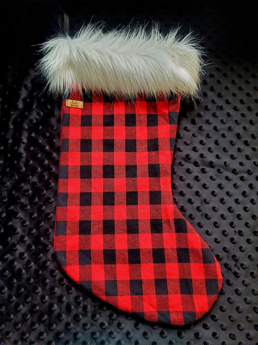 Bas de Noël réversible à carreaux, côté rouge ou côte turquoise, fausse fourrure amovible, lavable, doux, décoration de Noël, fait main